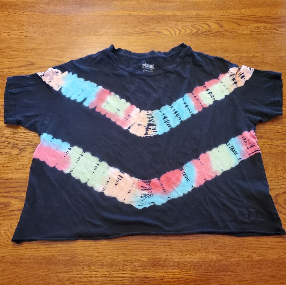 PINK Victoria's Secret Black Tee with Multicolor Tie-Dye